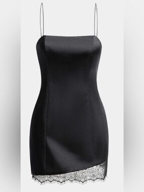 Zara Black Satin like Mini Dress with Lace Hem